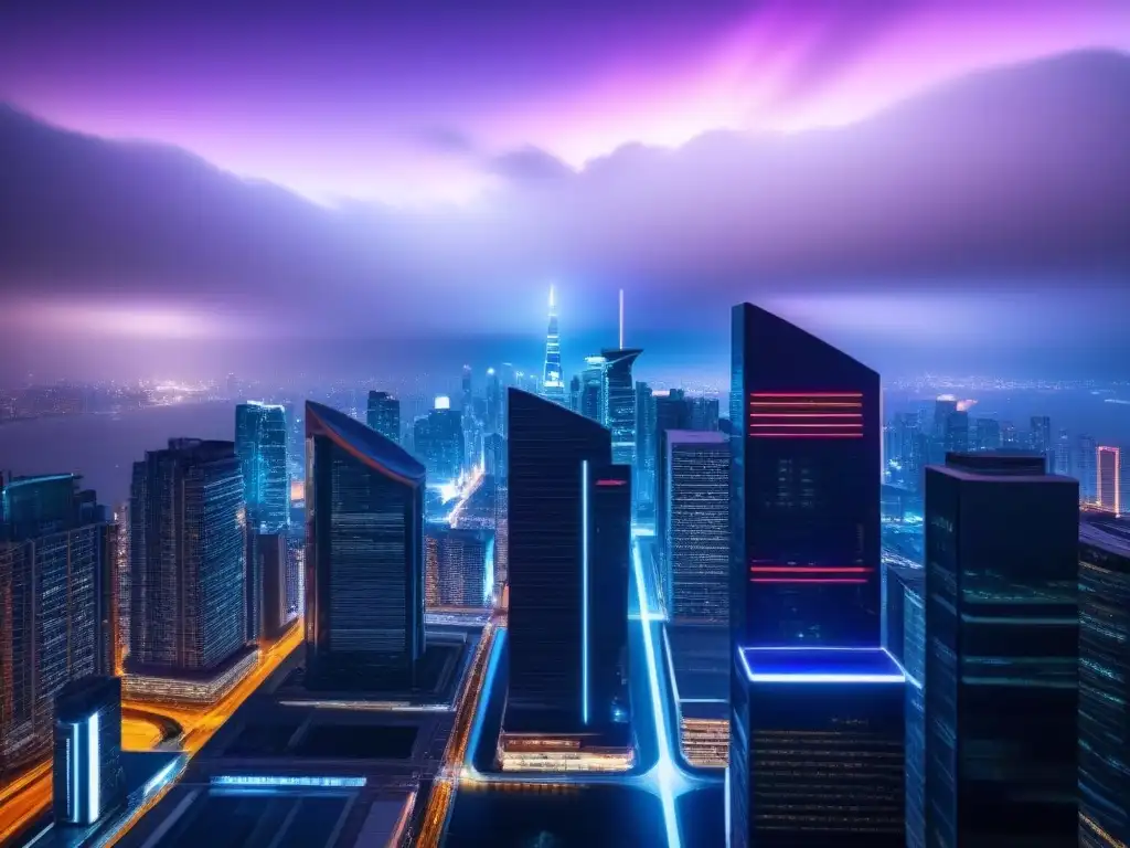 Innovación inmobiliaria: Ciudad futurista con tecnología PropTech Vibrante ciudad futurista de noche con rascacielos iluminados por luces de neón, reflejando la innovación en PropTech en mercado inmobiliario internacional
