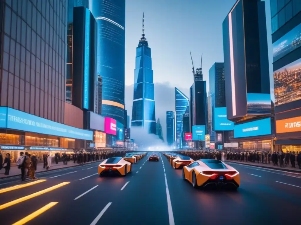 Metrópolis futurista: PropTech y real estate en el futuro Vibrante ciudad futurista de noche con rascacielos iluminados y tecnología avanzada