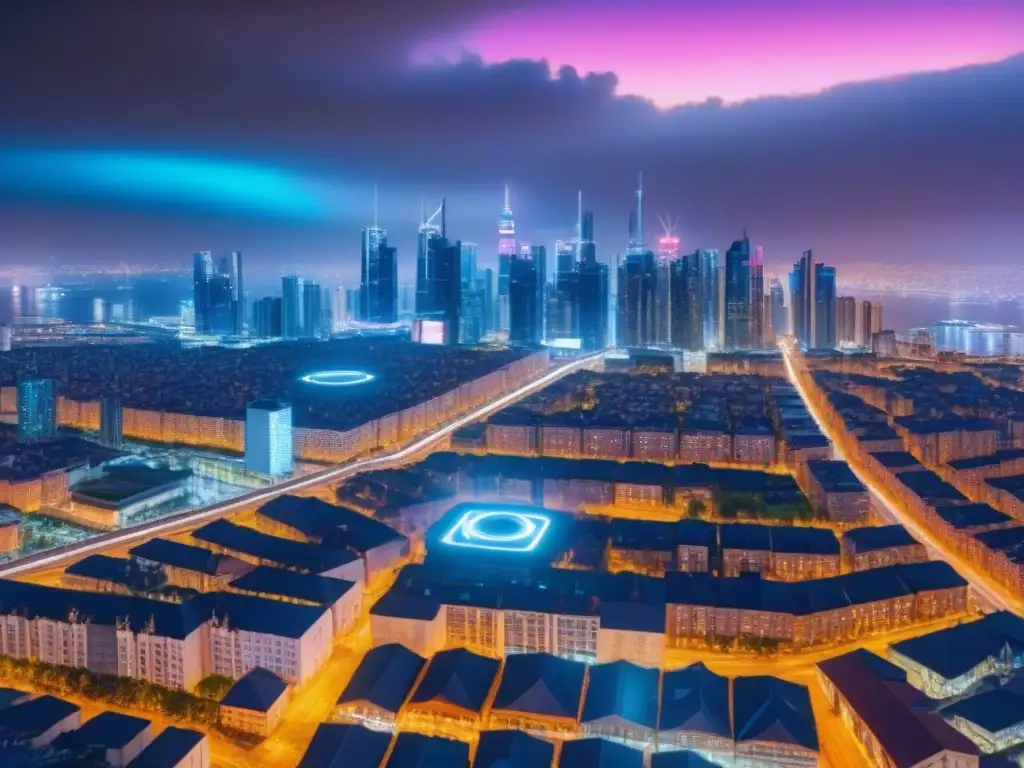 Metrópolis futurista con tecnología de geolocalización avanzada Vibrante ciudad futurista de noche con tecnología de geolocalización integrada, prevención fraudes inmobiliarios geolocalización