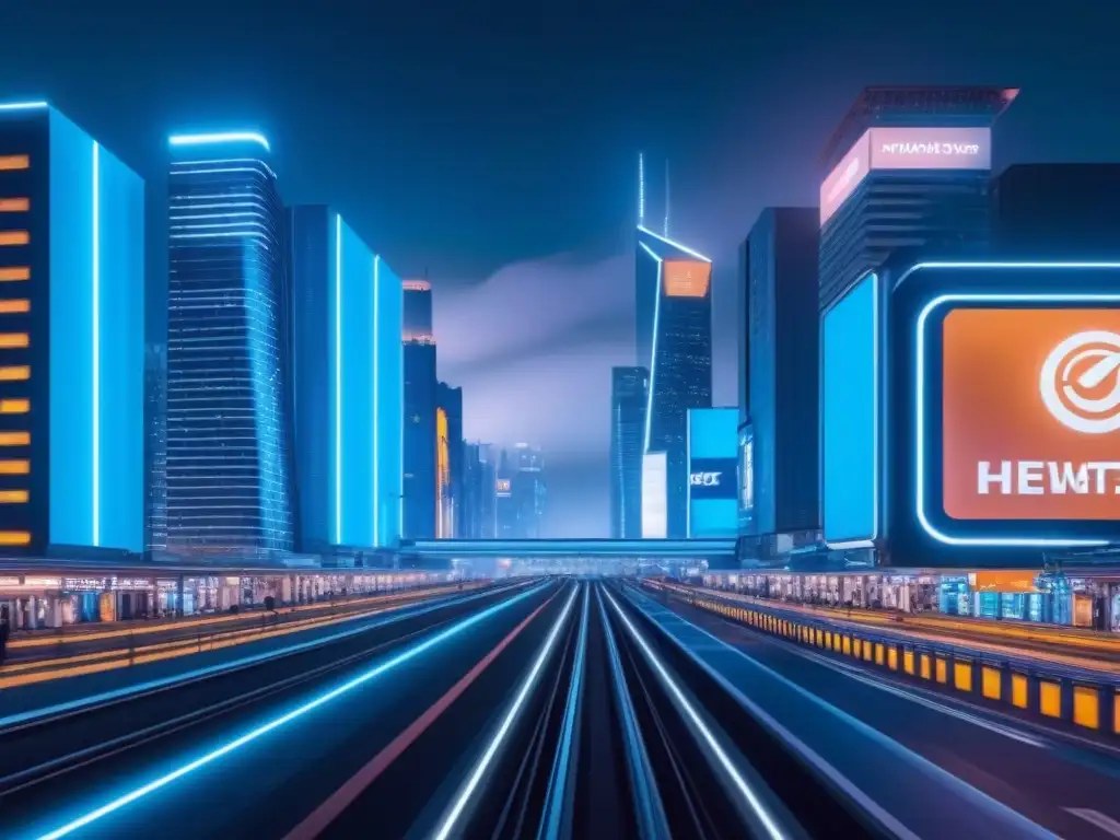 Metrópolis futurista: luces de neón y alta tecnología Vibrante ciudad futurista de noche con rascacielos iluminados por luces neón, paneles digitales y trenes de alta velocidad