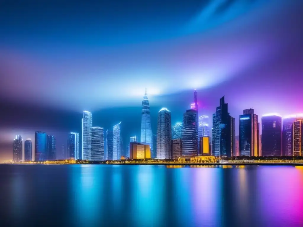 Ciudad futurista: luces neón en rascacielos junto a tecnología avanzada Vibrante ciudad futurista de noche, con rascacielos iluminados y tecnología avanzada