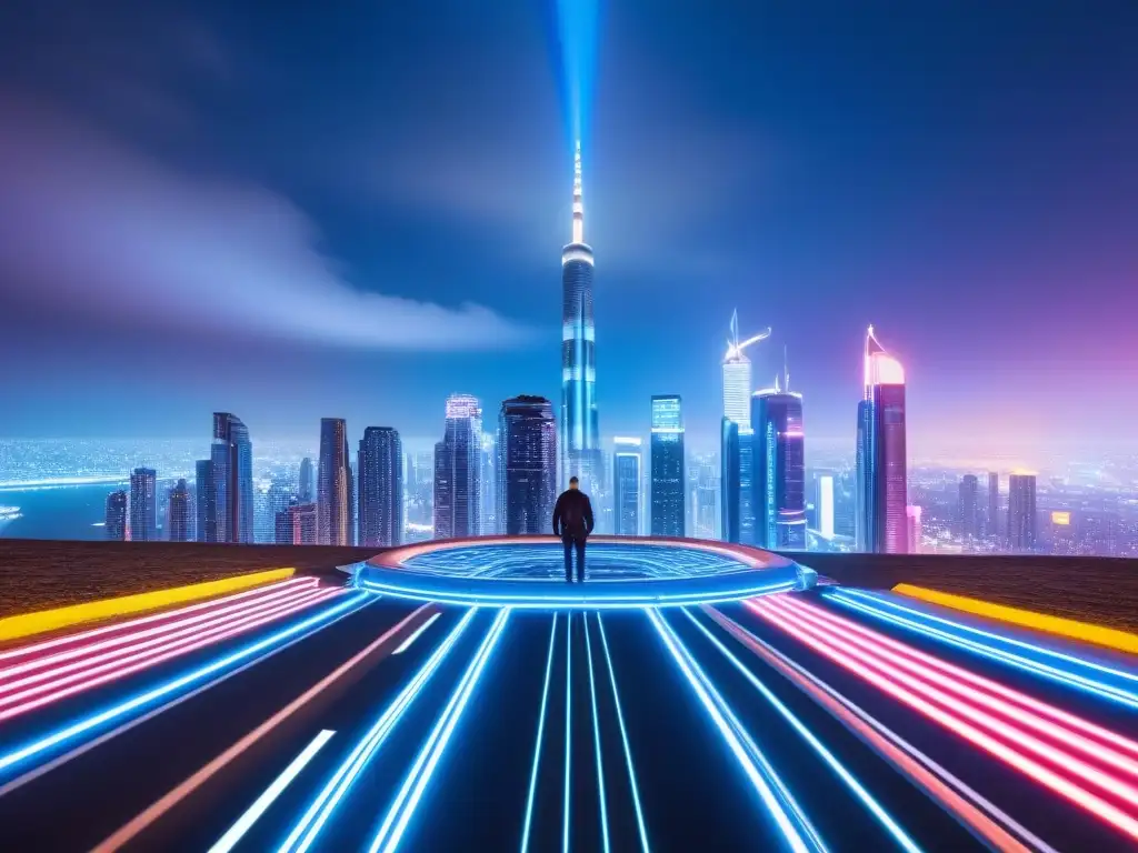 Horizonte futurista: datos en tiempo real y AI en inversión inmobiliaria Vibrante ciudad futurista de noche con rascacielos iluminados por luces de neón y hologramas de datos financieros