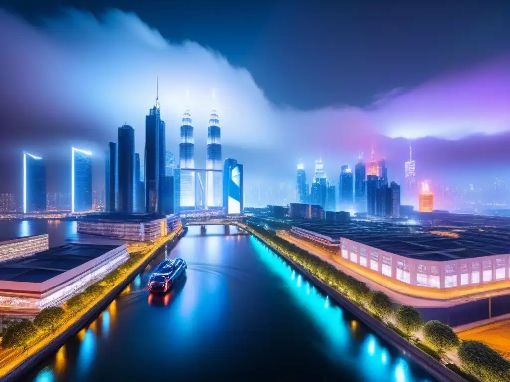 Metrópolis futurista: luces neón y autos voladores Vibrante ciudad futurista de noche con rascacielos iluminados por luces de neón, río tranquilo y autos voladores