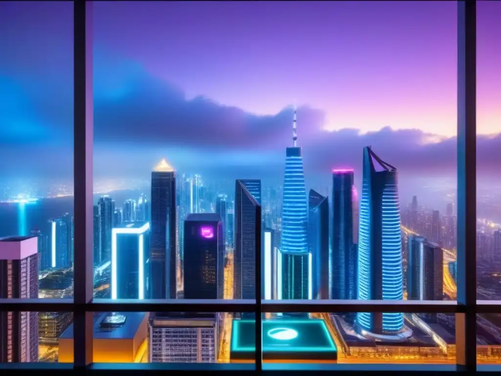 Metrópolis futurista: luces neón y datos financieros en tiempo real Vibrante ciudad futurista de noche con rascacielos iluminados por luces neón, reflejando la digitalización en el mercado inmobiliario