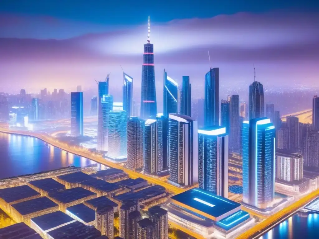 Metrópolis futurista: visión vanguardista para inversores globales Vibrante ciudad futurista de noche con rascacielos iluminados por luces neón
