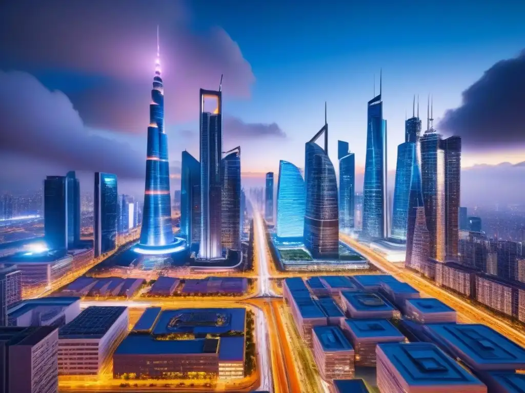 Metrópolis futurista: lujo y negocios en la noche Vibrante ciudad futurista de noche con inversiones inmobiliarias internacionales avanzadas