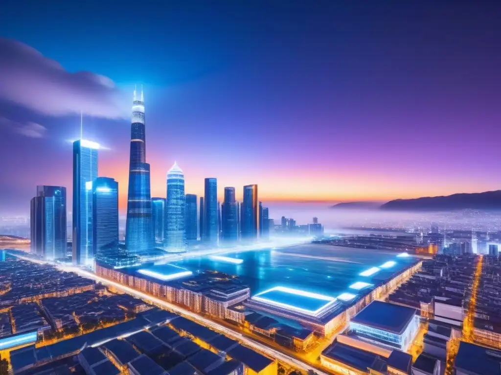 Metrópolis futurista: integración de criptomonedas en bienes raíces Vibrante ciudad futurista de noche con símbolos de criptomonedas en inversión inmobiliaria emergente