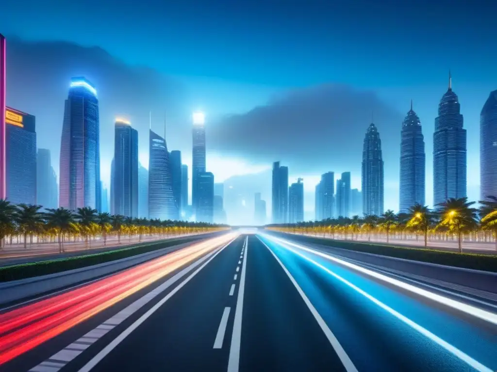 Metrópolis futurista: skyline nocturno ultradetallado Vibrante ciudad futurista de noche con rascacielos iluminados y avanzados sistemas de transporte, ideal para Desarrollo mercados inmobiliarios emergentes