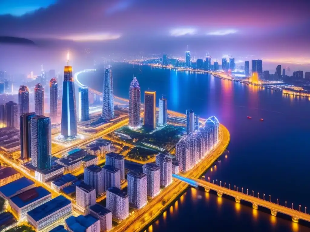 Metrópolis futurista: luces neón y arquitectura innovadora Vibrante ciudad futurista de noche con rascacielos iluminados y reflejos en río, simbolizando estrategias mercado inmobiliario internacional