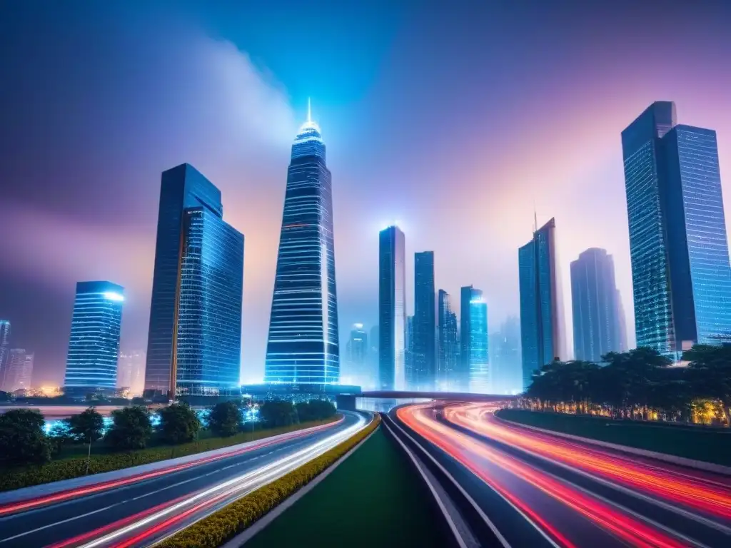 Metrópolis futurista: inversión global y oportunidad Vibrante ciudad futurista de noche con rascacielos iluminados y bulliciosa calle