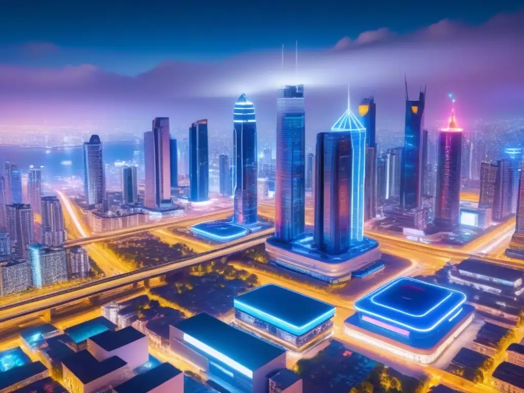 Metrópolis futurista: arquitectura avanzada y luces neón en 8k Vibrante ciudad futurista de noche con tecnología en mercado inmobiliario internacional