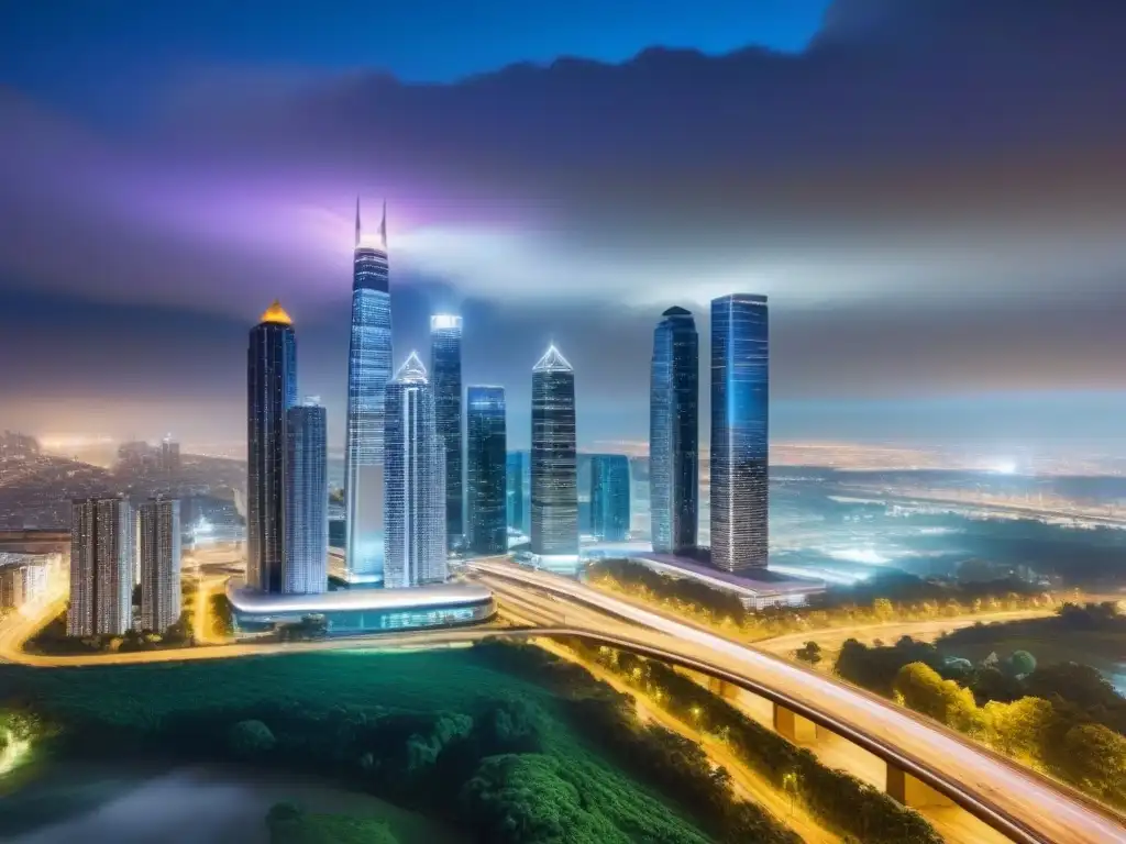 Metrópolis futurista: luces, arquitectura y conectividad urbana Vibrante ciudad futurista de noche con rascacielos iluminados y una infraestructura urbana avanzada, reflejando el crecimiento del mercado inmobiliario norteamericano impulsado por políticas de infraestructura