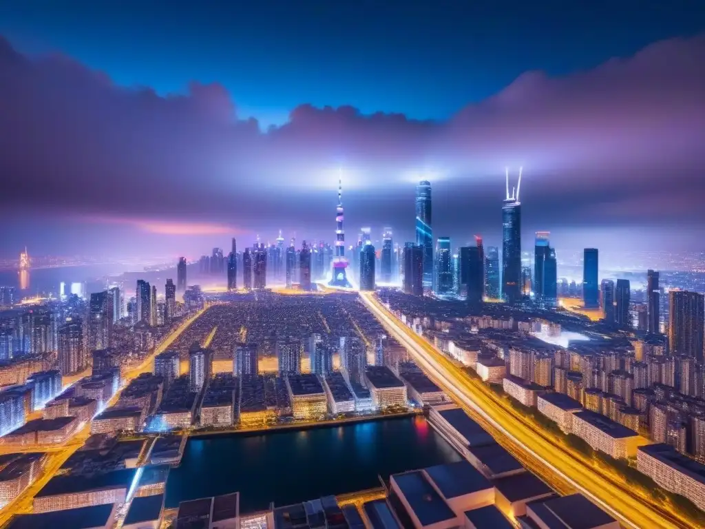 Metrópolis futurista nocturna con IA y luces neón Vibrante ciudad futurista de noche con IA en inversión inmobiliaria