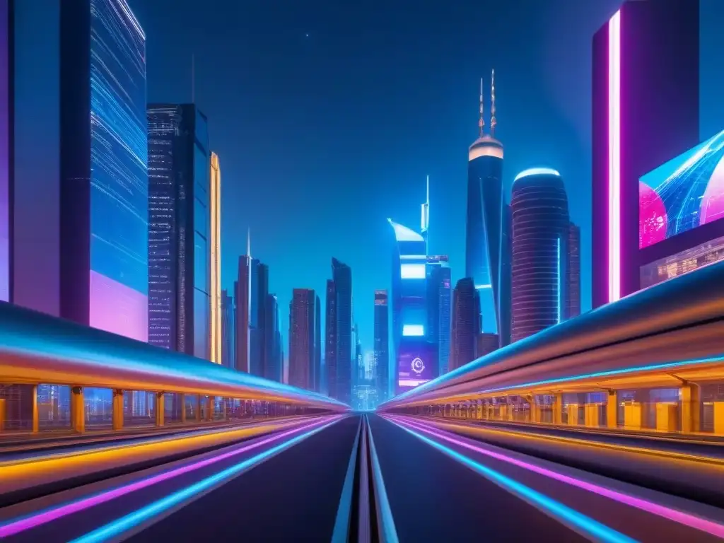 Metrópolis futurista: luces neón y tecnología avanzada en 8k Vibrante ciudad futurista de noche con rascacielos innovadores iluminados por luces neón, transporte avanzado y gráficos financieros