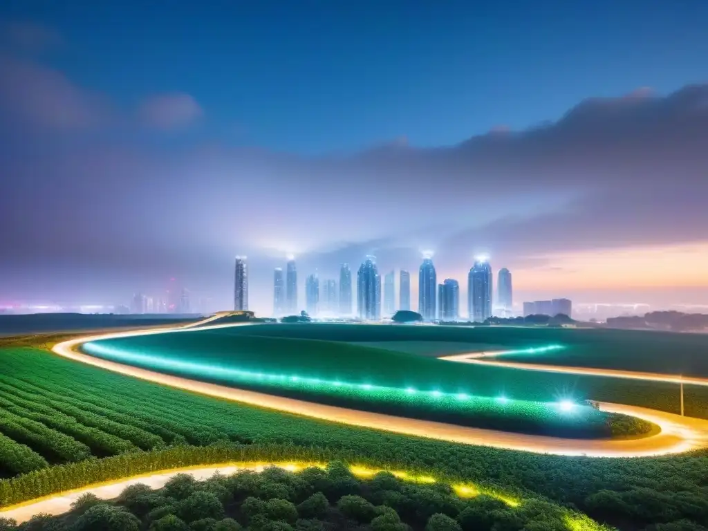 Horizonte futurista: rascacielos energéticamente eficientes en la noche Vibrante ciudad futurista en la noche con rascacielos energéticamente eficientes