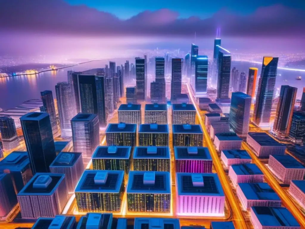 Metrópolis Futurista: Resiliencia de la Industria IT en Crisis Vibrante ciudad futurista de noche con rascacielos iluminados por neones