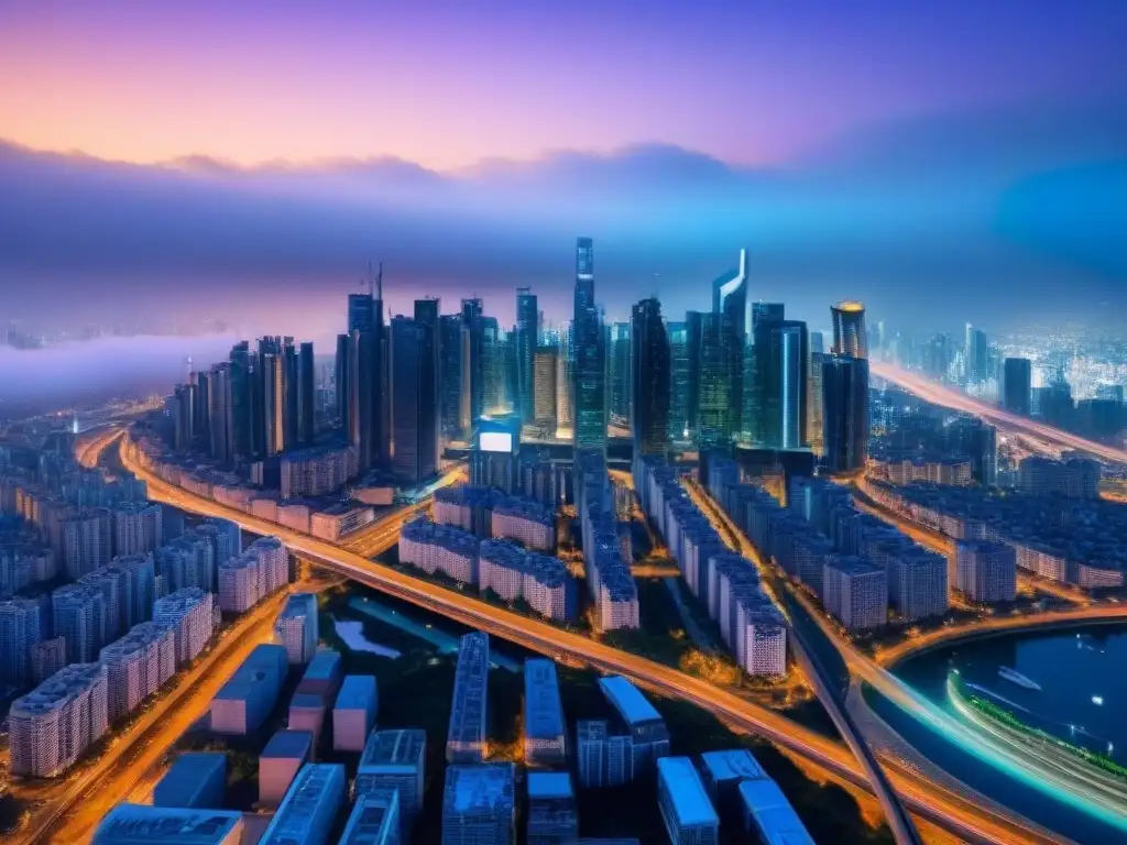 Ciudad Futurista: Luces y Conexiones Globalizadas Vibrante ciudad futurista de noche con rascacielos iluminados y autopistas llenas de tráfico