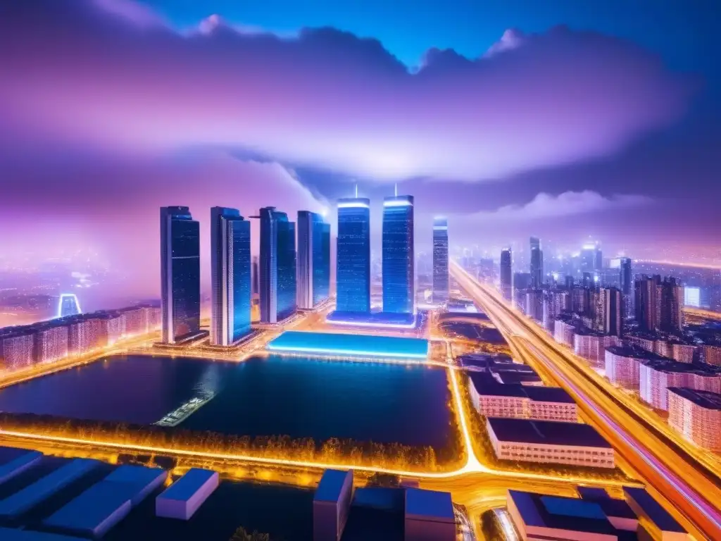 Metrópolis del Futuro: Redes Tecnológicas Globales en la Noche Vibrante ciudad futurista de noche con inversión internacional infraestructura TI
