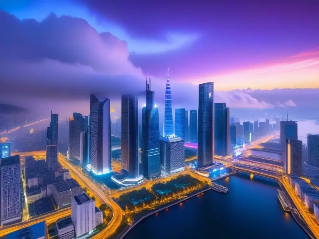 Metrópolis futurista: luces neón, tecnología avanzada y movimiento urbano Vibrante ciudad futurista de noche, con rascacielos iluminados por luces de neón, reflejando inversión internacional infraestructura TI