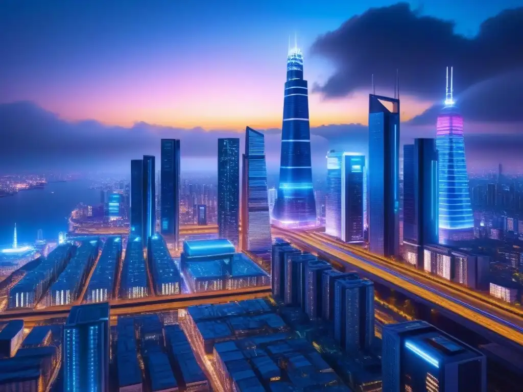 Metrópolis futurista: luces neón y tecnología avanzada en red Vibrante ciudad futurista de noche con inversión internacional infraestructura TI