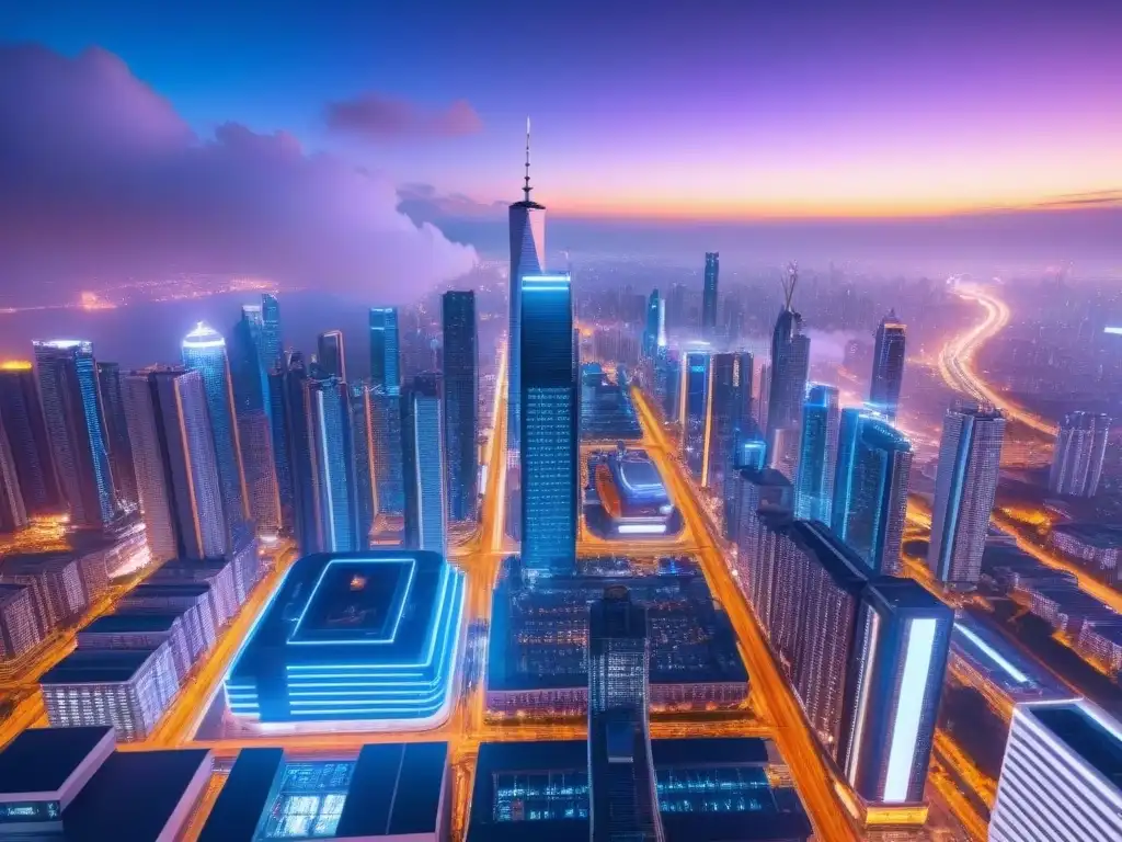 Metrópolis futurista: luces neón y arquitectura innovadora Vibrante ciudad futurista de noche, iluminada por luces neón y pantallas digitales en rascacielos innovadores