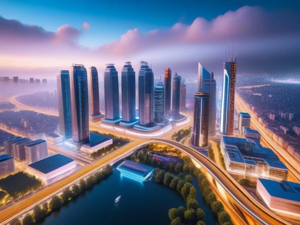 Metrópolis futurista: luces, hologramas y drones en una ciudad avanzada Vibrante ciudad futurista de noche con rascacielos iluminados y vehículos autónomos, en un paisaje urbano tecnológico