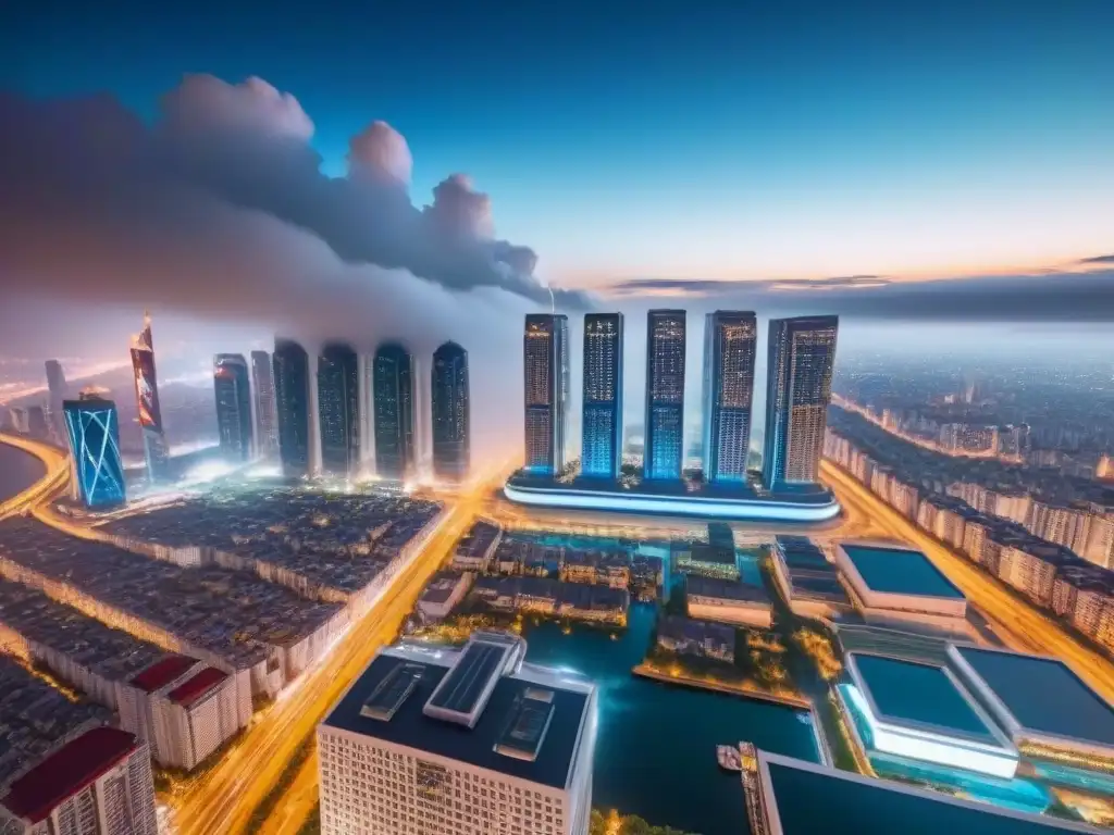 Metrópolis futurista nocturna: luces vibrantes, arquitectura moderna Vibrante ciudad futurista de noche con rascacielos iluminados y reflejos en el agua