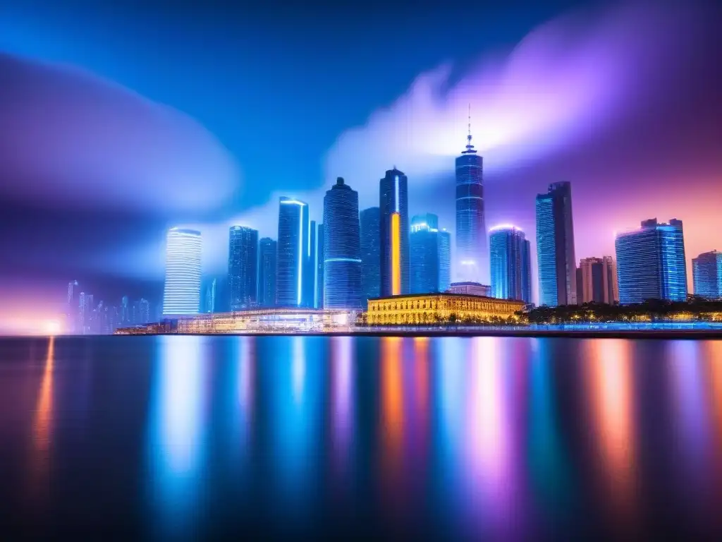 Metrópolis futurista: luces neón en la noche Vibrante ciudad futurista de noche con rascacielos iluminados por luces de neón sobre agua tranquila