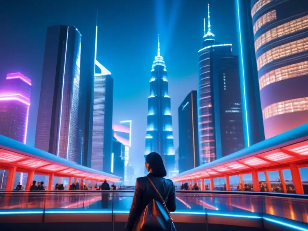 Metrópolis futurista: luces neón y rascacielos Vibrante ciudad futurista de noche con rascacielos iluminados por luces neón