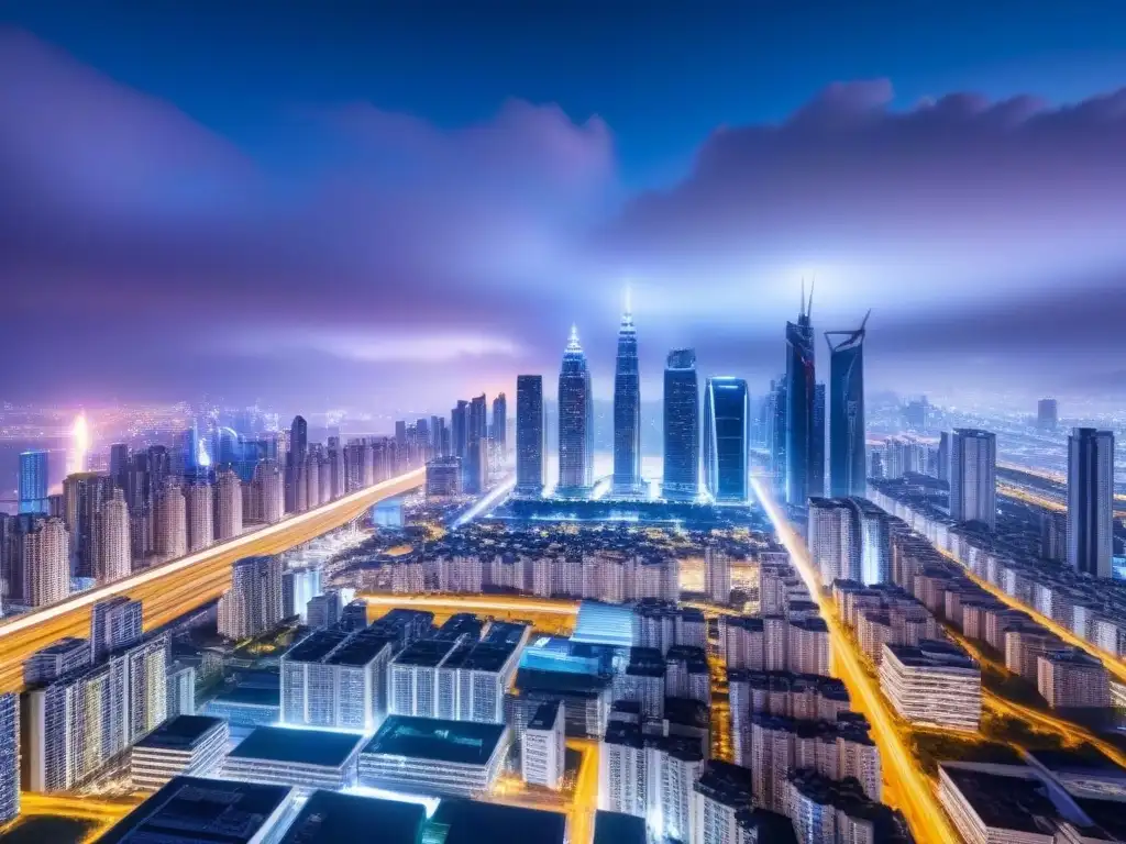 Metrópolis futurista: innovación en seguros de propiedad de alto riesgo Vibrante ciudad futurista de noche con rascacielos iluminados y autos voladores