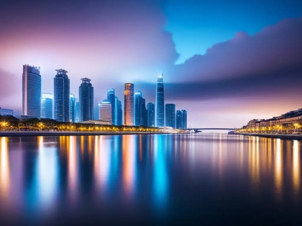 Metrópolis futurista: riesgo y seguridad en la noche Vibrante ciudad futurista de noche, reflejada en agua, simbolizando la gestión de 'Reducir costos seguros propiedades alto riesgo'