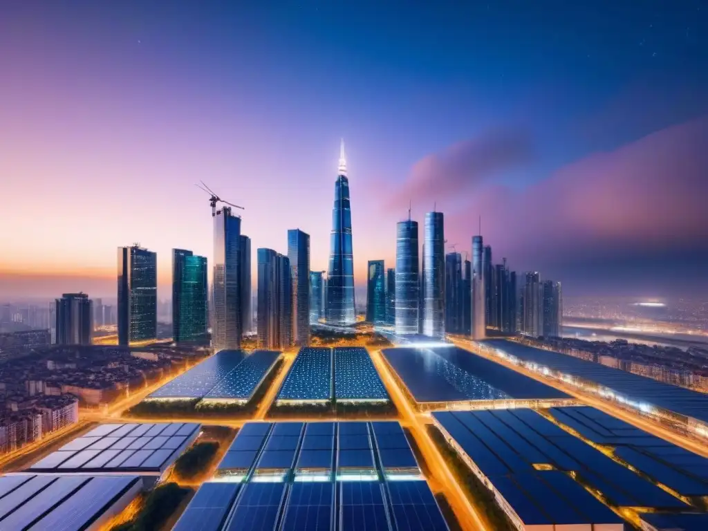 Horizonte nocturno: arquitectura sostenible y eficiente energéticamente Vibrante ciudad futurista de noche con iluminación energéticamente eficiente, destacando diseño sostenible