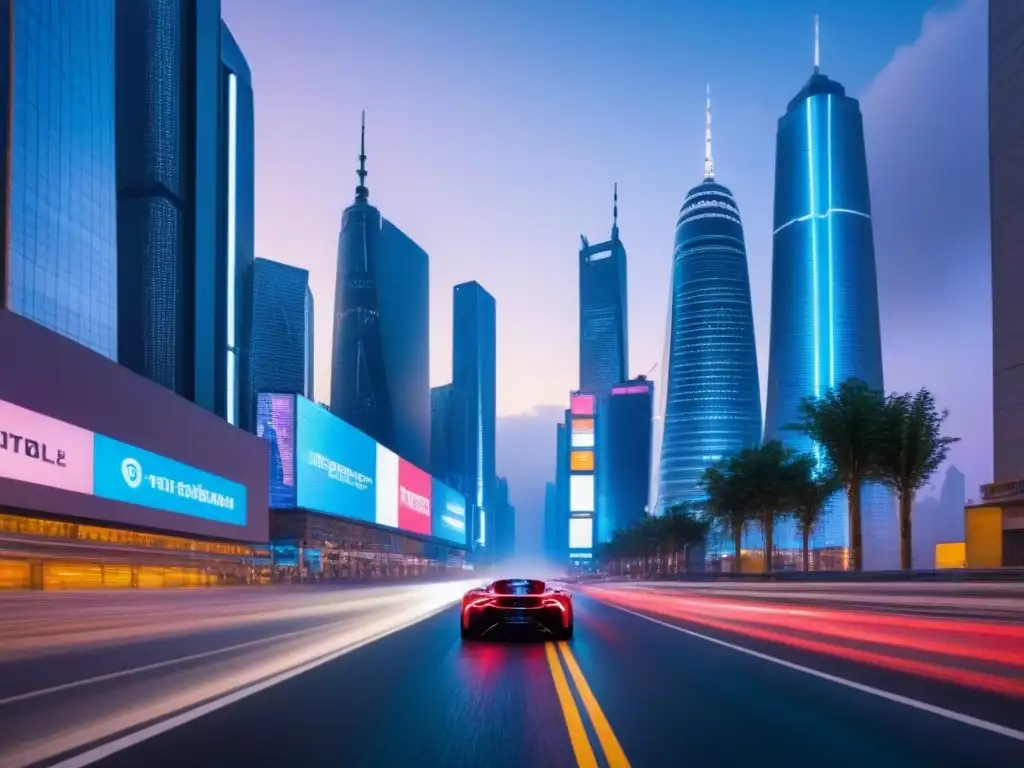 Metrópolis futurista: luces y tecnología en ciudad nocturna Vibrante ciudad futurista de noche con rascacielos iluminados, autos voladores y hologramas, simbolizando la gestión tiempos compartidos internacionales