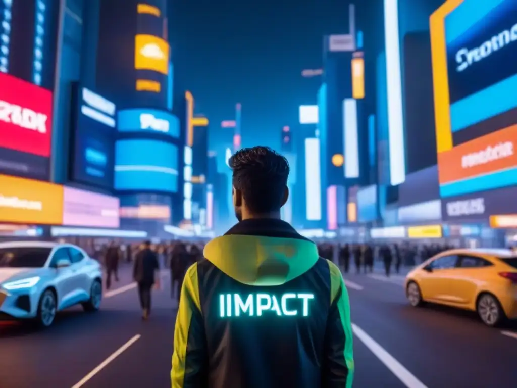 Metrópolis futurista: Mercado inmobiliario digital en la era tecnológica Vibrante ciudad futurista de noche con luces de neón y vallas digitales mostrando propiedades inmobiliarias en un mercado digital