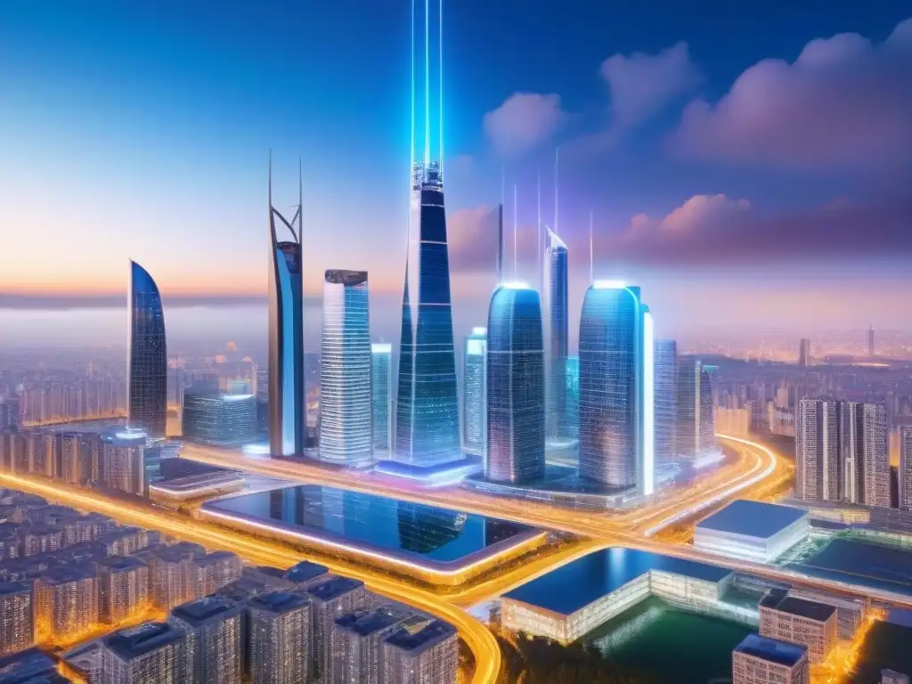 Metrópolis futurista: vibrante red 5G en la inversión inmobiliaria Vibrante ciudad futurista de noche con Tecnología 5G en mercado inmobiliario