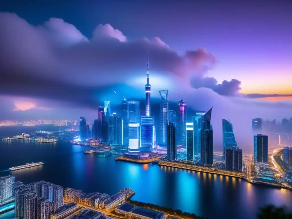 Cityscape futurista: modernidad y luces neon en 8k Vibrante ciudad futurista de noche con rascacielos iluminados por luces neón, reflejando inversiones internacionales en PropTech