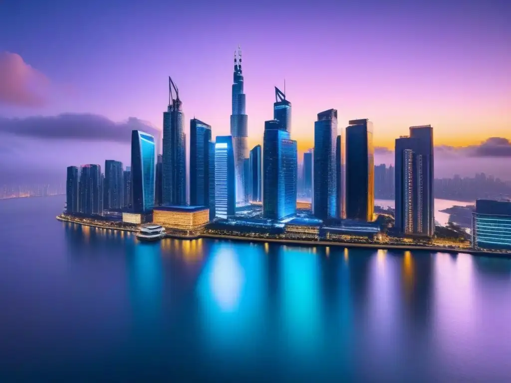Horizonte futurista: luces neón en ciudad innovadora Vibrante ciudad futurista de noche con rascacielos iluminados por luces neón sobre un cuerpo de agua tranquilo