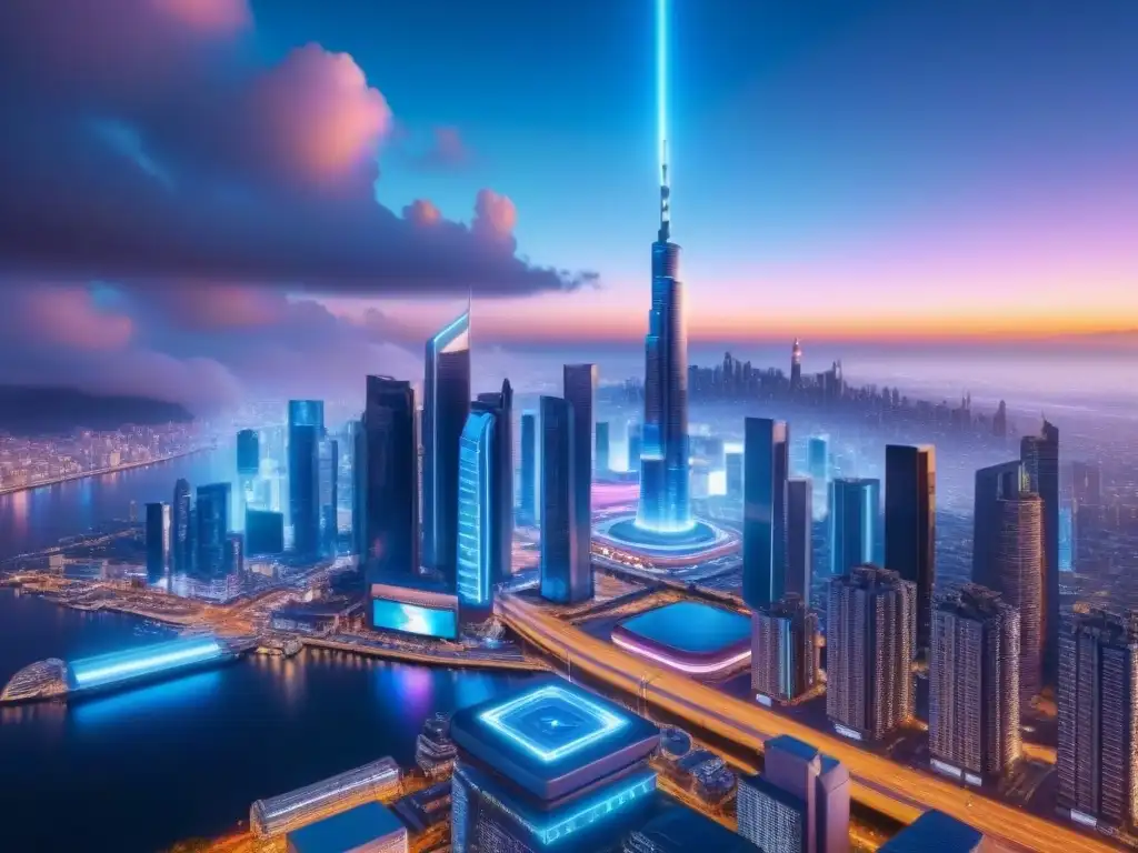 Metrópolis futurista: luces neón y tecnología de vanguardia Vibrante ciudad futurista de noche con rascacielos iluminados y hologramas flotantes