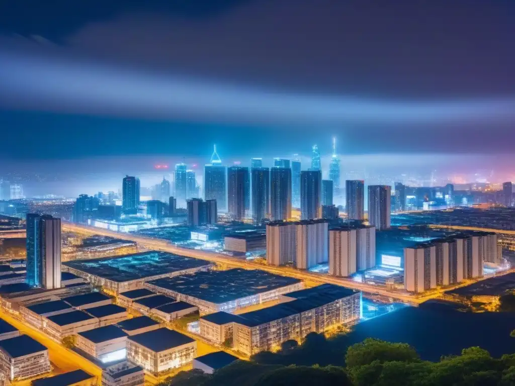 Inversión inmobiliaria futurista con tecnología blockchain Vibrante ciudad futurista de noche con hologramas inmobiliarios y tecnología Blockchain en inversión inmobiliaria