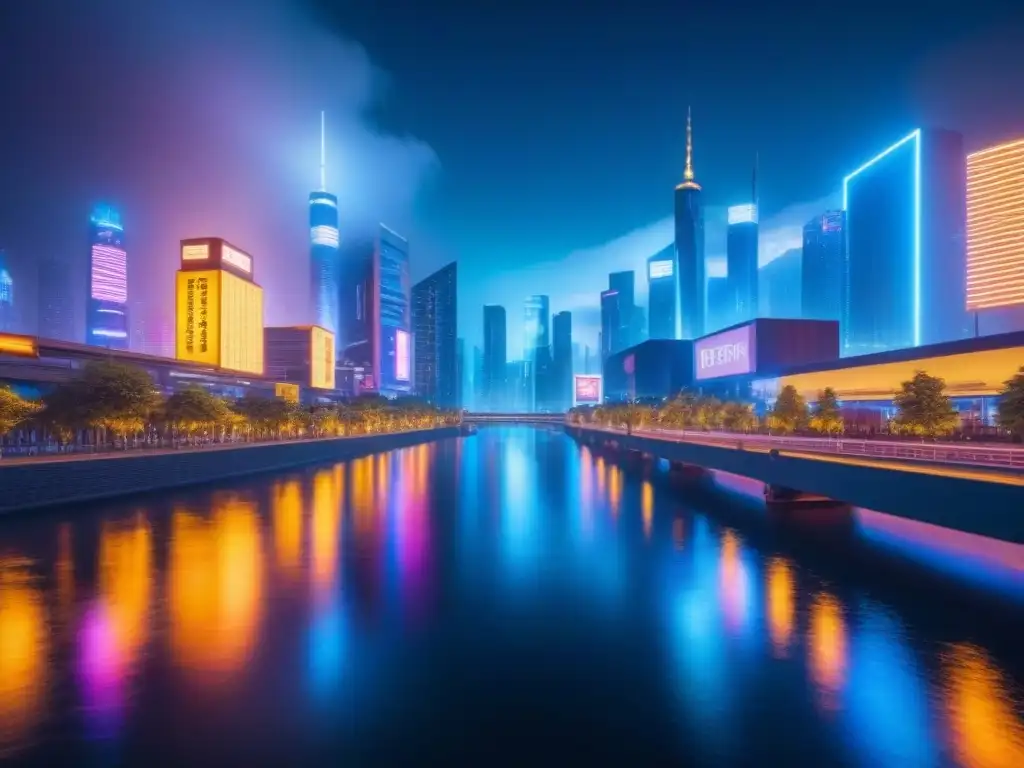 Metrópolis futurista: luces neón en una ciudad 8k Vibrante ciudad futurista de noche con tecnología blockchain en inversión inmobiliaria