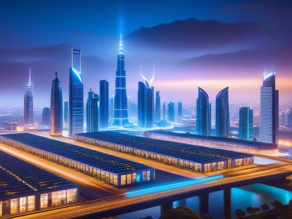 Metrópolis futurista: innovación y tecnología en la inversión inmobiliaria Vibrante ciudad futurista de noche con rascacielos iluminados, coches voladores y trenes de alta velocidad, cartelera digital y un resplandor neón