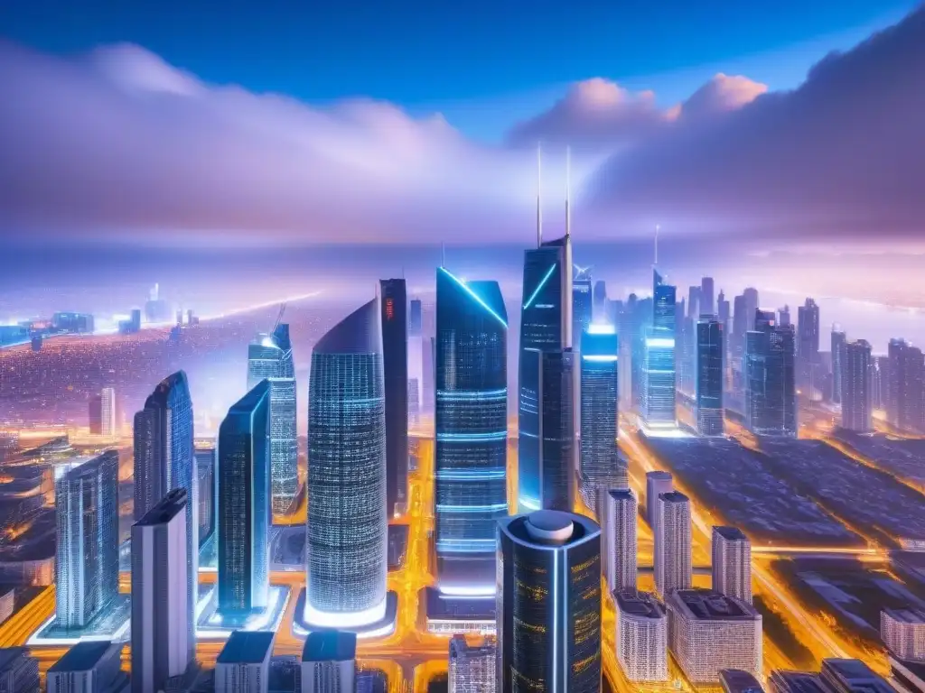 Metropolis futurista 8k: conectividad global y progreso Vibrante ciudad futurista de noche con rascacielos iluminados y tecnología avanzada