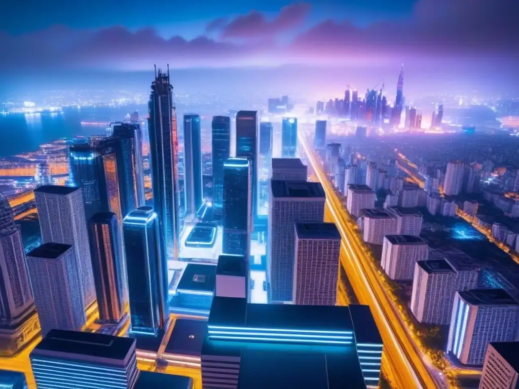 Metrópolis futurista: rascacielos inteligentes y neon lights Vibrante ciudad futurista de noche con tecnología PropTech