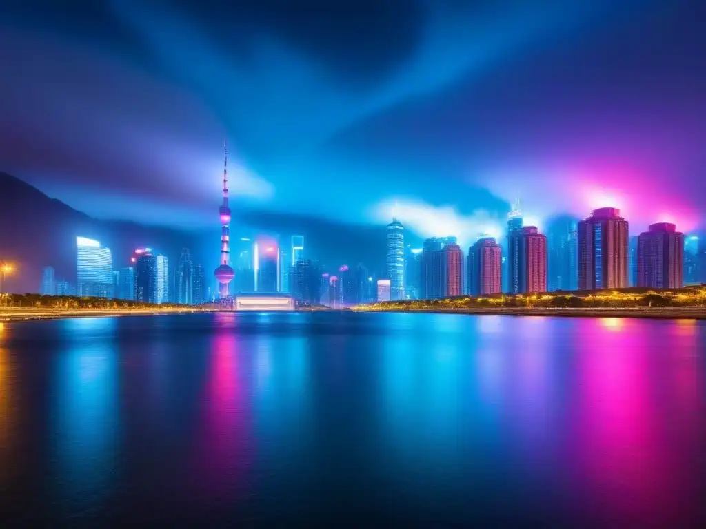 Espectacular ciudad futurista: luces neón en río sereno Vibrante ciudad futurista de noche con rascacielos iluminados por luces neón, reflejándose en un río tranquilo