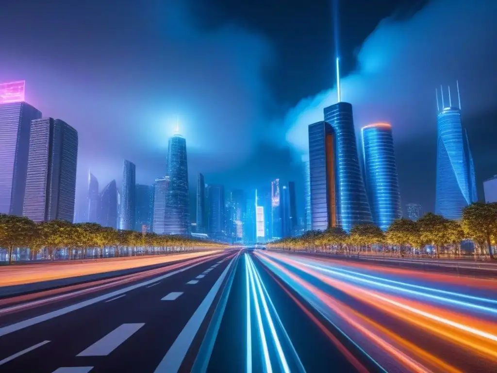 Metrópolis futurista en 8k: luces y vida urbana innovadora Vibrante ciudad futurista de noche con rascacielos iluminados y tráfico autónomo