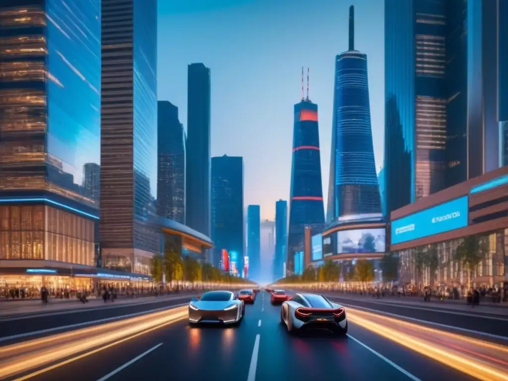 Metropolis futurista: inversión PropTech con tecnología avanzada Vibrante ciudad futurista de noche con rascacielos iluminados y autos autónomos