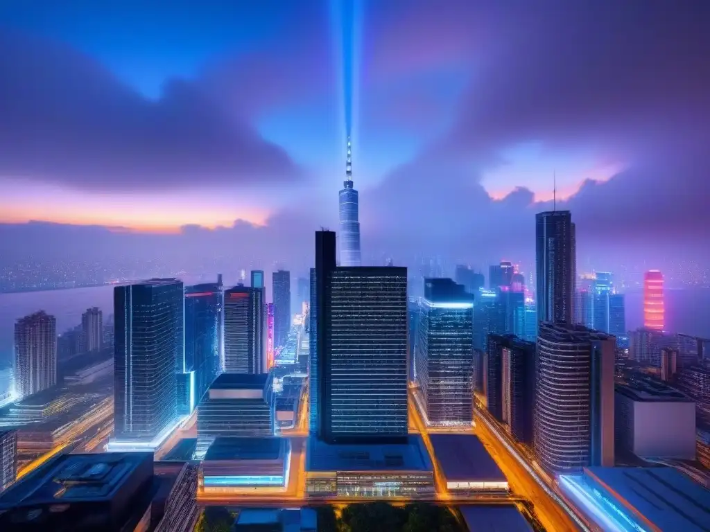 Metrópolis futurista: luces neón en la noche Vibrante ciudad futurista de noche con rascacielos iluminados y luces neón