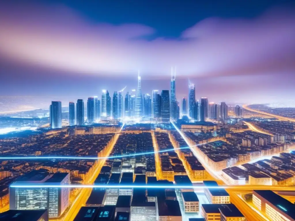 Cityscape futurista con datos brillantes Vibrante ciudad futurista de noche con rascacielos iluminados y redes de datos brillantes