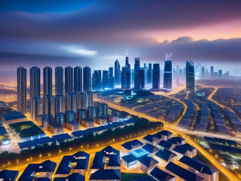 Metrópolis futurista: alianzas estratégicas en bienes raíces globales Vibrante ciudad futurista de noche con rascacielos iluminados y alianzas estratégicas mercado inmobiliario global