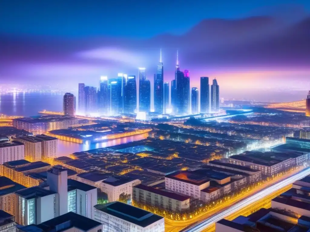 Skyline futurista: Oportunidades inmobiliarias para Millennials Vibrante ciudad futurista de noche con rascacielos iluminados por luces de neón, ideal para Inversión inmobiliaria internacional para Millennials